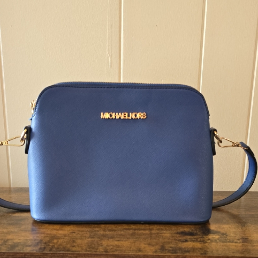 Blue Shoulder Bag with Gold Accents